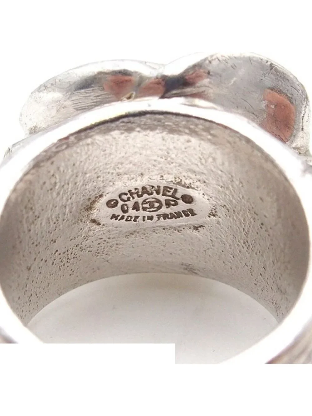 Chanel Camellia Silver Metal CC Logo Rhinestone Ring